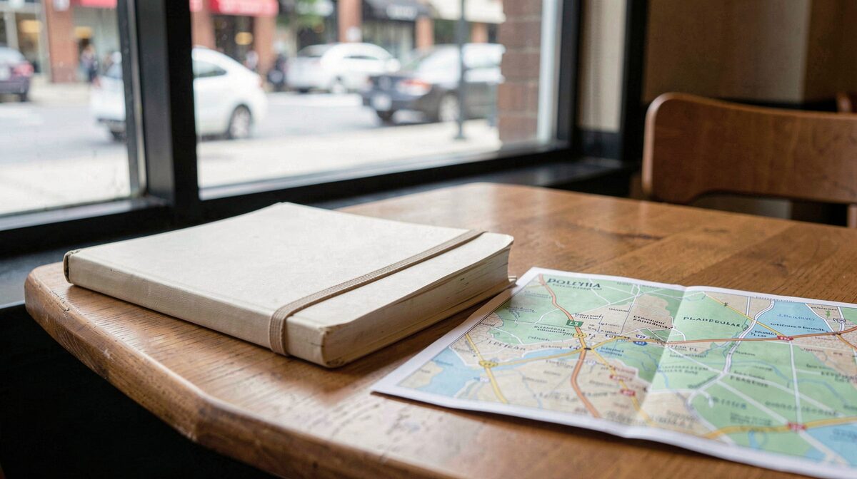 Un carnet de notes posé sur une table de café près d'une fenêtre, avec une carte de Philadelphie dépliée à côté, lumière du matin.